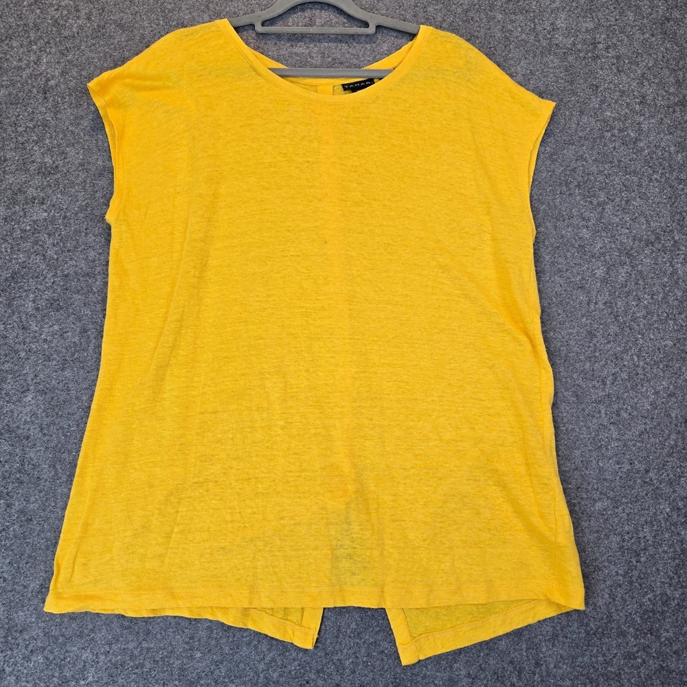 Tahari Blouse Top Womens XL Yellow Linen Round Neck Sleeveless Back Button